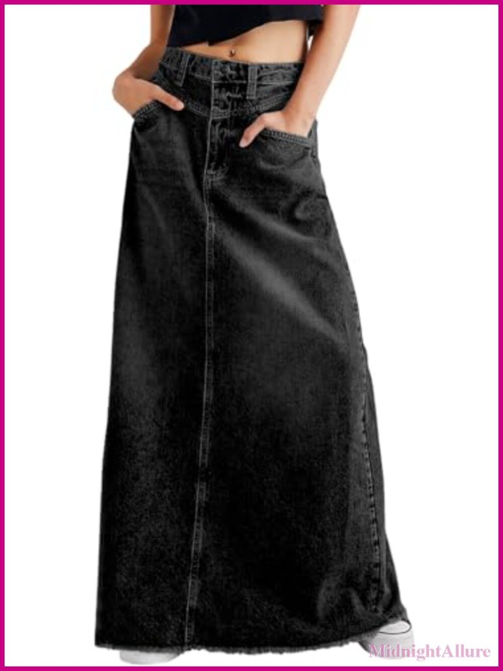 Women Vintage Denim Maxi Skirt Frayed Raw Hem High Waist A-Line Long Jean Skirt